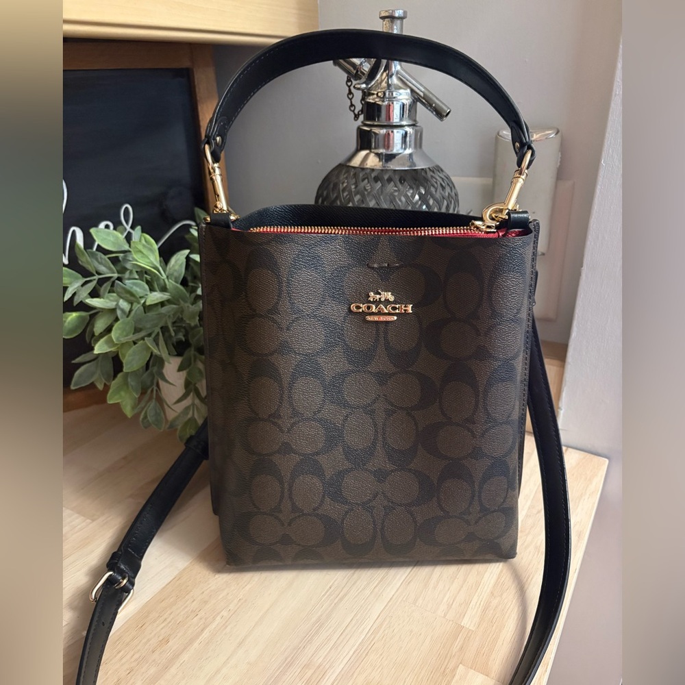 Coach Brown and Black Monogram Crossbody Bag with Gold Hardware